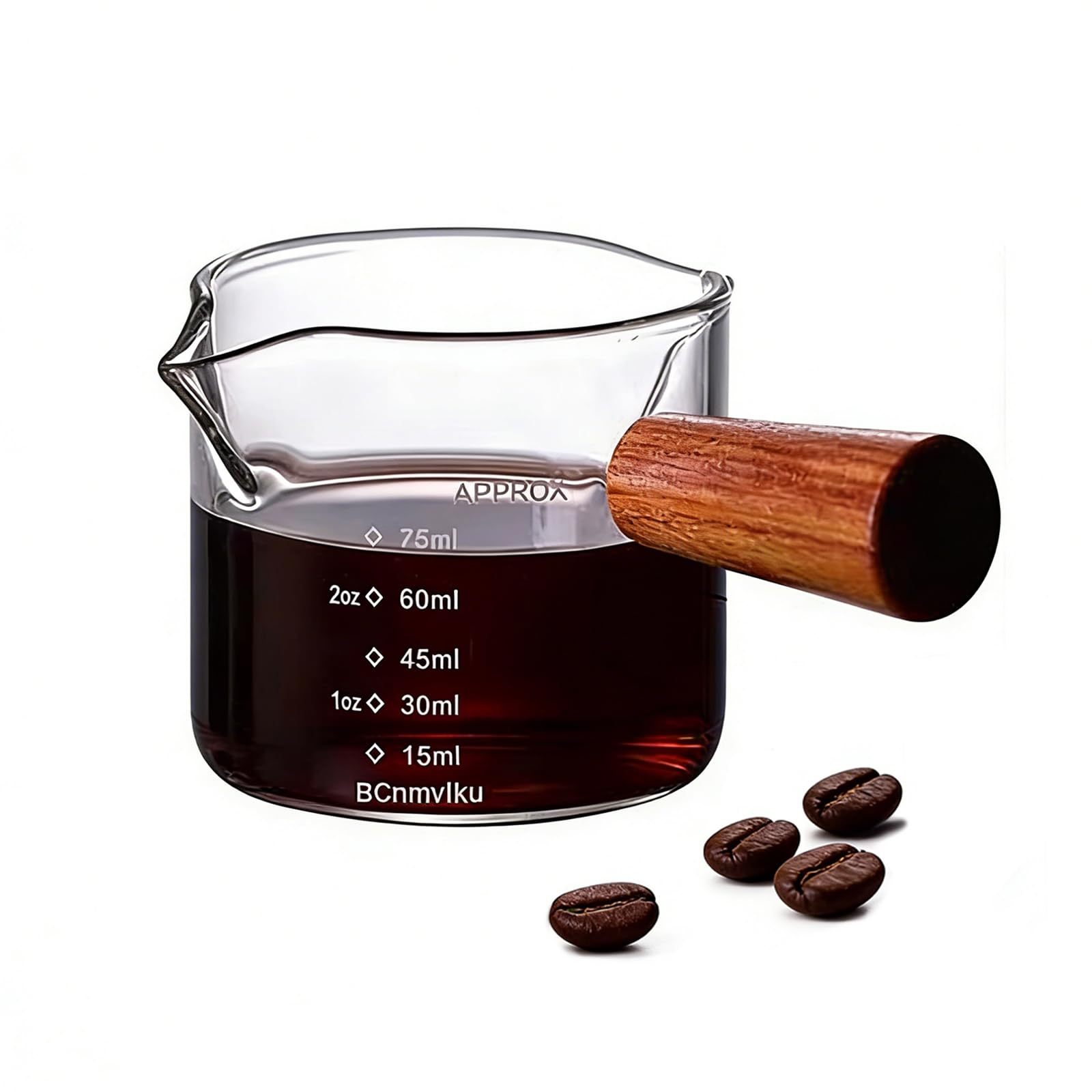 1 Pack Double Spouts Measuring Triple Pitcher Milk Cup with Wood Handle 75ML Espresso Shot Glasses Parts Clear Glass By BCnmviku