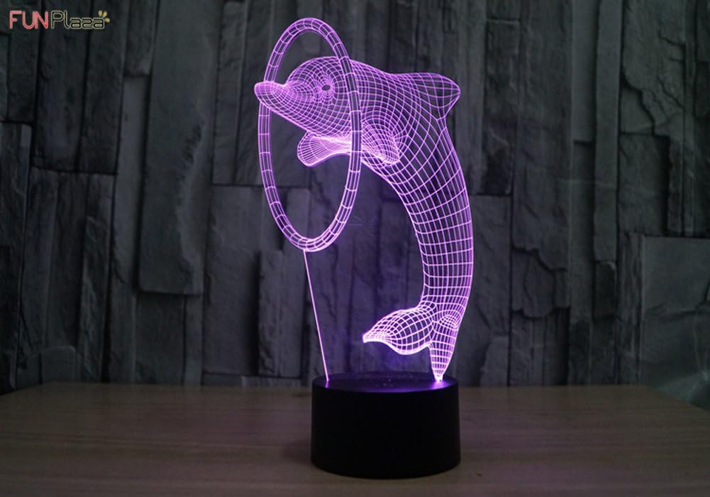 Funplaza 3D Glow LED Art Sculpture Optical Illusion Desk Night Lamp, Dolphin Through Ring