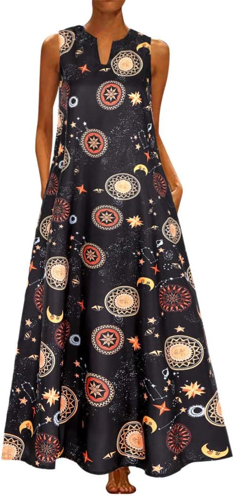 Moonuy Women's Large Dress Retro Rockabilly Dress Sleeveless Loose Maxi Dresses Flowing Long Sleeve Casual Lightweight Sundress Casual Dress Evening Skirt Women's Dress Beach Swing Dress (S-5XL)