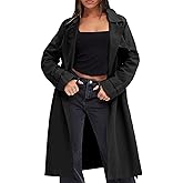 Fisoew Women's Double Breasted Trench Coats Causal Windproof Long Lapel Pocketed Overcoat with Belt