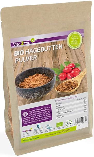 Bio Hagebuttenpulver 750g - 100% Ökologischen Anbau - Rohkost-Qualität im Zippbeutel - ganze Hagebutten gemahlen - Premium Qu
