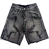 Men's Baggy Jean Shorts Black Grey Vintage Star Pattern Jorts Men Y2K Fashion Casual Loose Denim Shorts Streetwear
