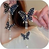 Black Sparkly Earrings for Women Butterfly Pearl Tassel Earrings for women Long Pearl Dangle Earrings Elegant Party Summer Fairy Earrings Jewelry Gifts