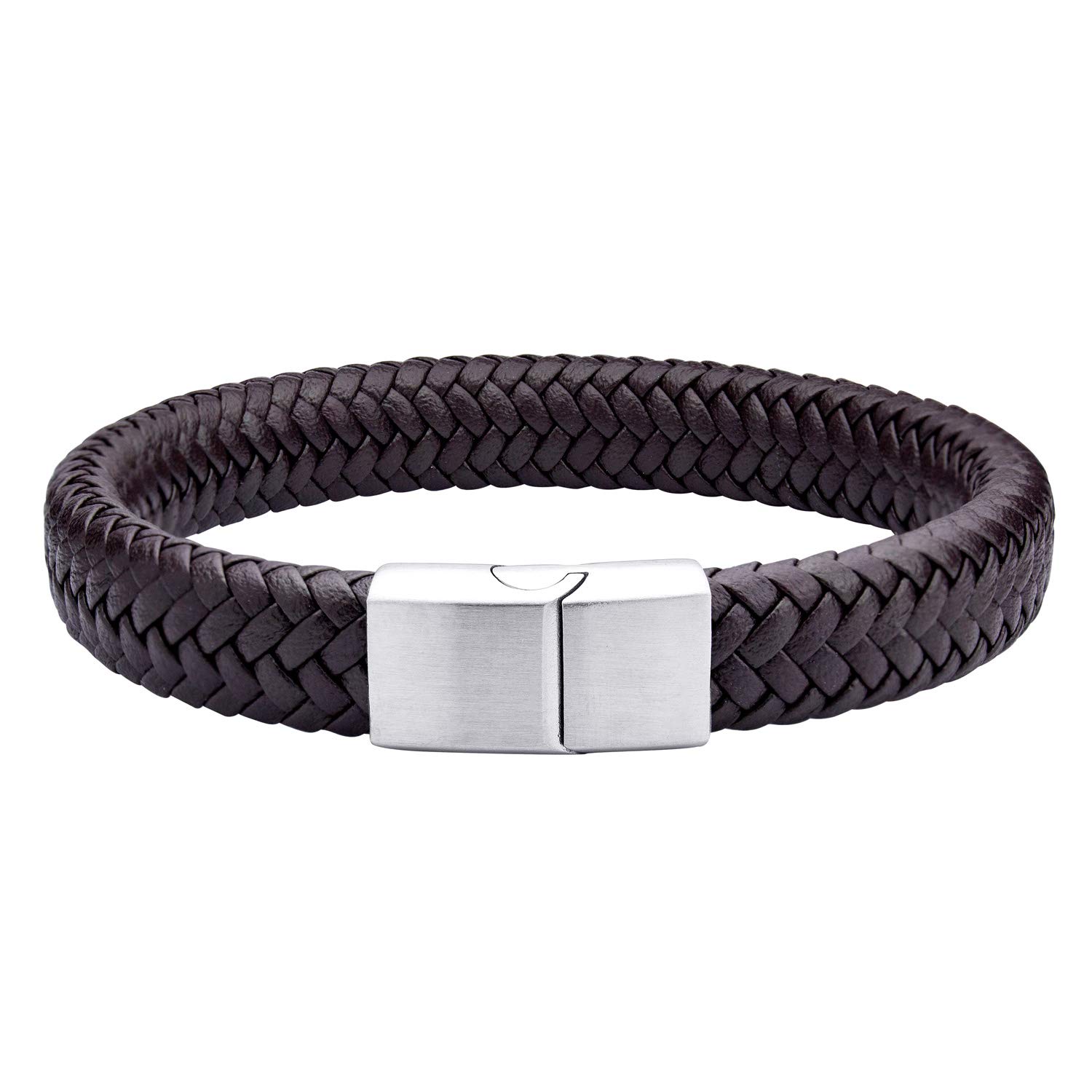 555Jewelry Mens Bracelets Leather and Steel, Magnetic Clasp Braided Brown Leather Bracelets for Men, Mens Leather Bracelet, Men Bracelets, Silver, 9 Inch — image 1
