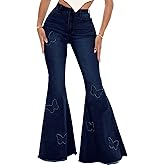 Women's Butterfly Bell Bottom Jeans Elastic High Waisted Embroidered Classic Flareed Jeans Raw Hem Denim Pants with Pocket