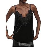 WDIRARA Women's Lace Velvet Camisole Tops V Neck Spaghetti Strap Cami Top