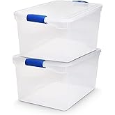 HOMZ 2-Pack Latching Lid, Large Clear Plastic Storage Bins with Lids, 66 Quart, Blue Latch - Stackable Container Boxes for Home, Bathroom, and Office Organization