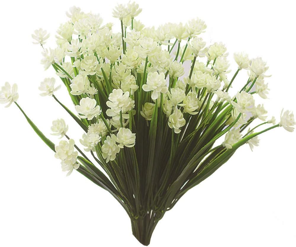 JEMONG Artificial Fake Flowers, 4 Bundles Outdoor UV Resistant Greenery Shrubs Plants Indoor Outside Hanging Planter Home Garden Decorating(White)