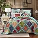 DaDa Bedding Cotton Patchwork Quilt - Fairy Forest Glade Floral Print Bedspread Set, Turquoise Real Patchwork, Cal King, 3-Pieces