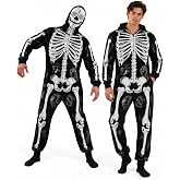 PARTY TELLER Adult Skeleton Onesie Costume, Hooded Halloween Jumpsuit | Skeleton Print Design, Hooded One Piece Jumpsuit, Mesh Eye Panels For Visibility, Ideal For Halloween Cosplay Parties