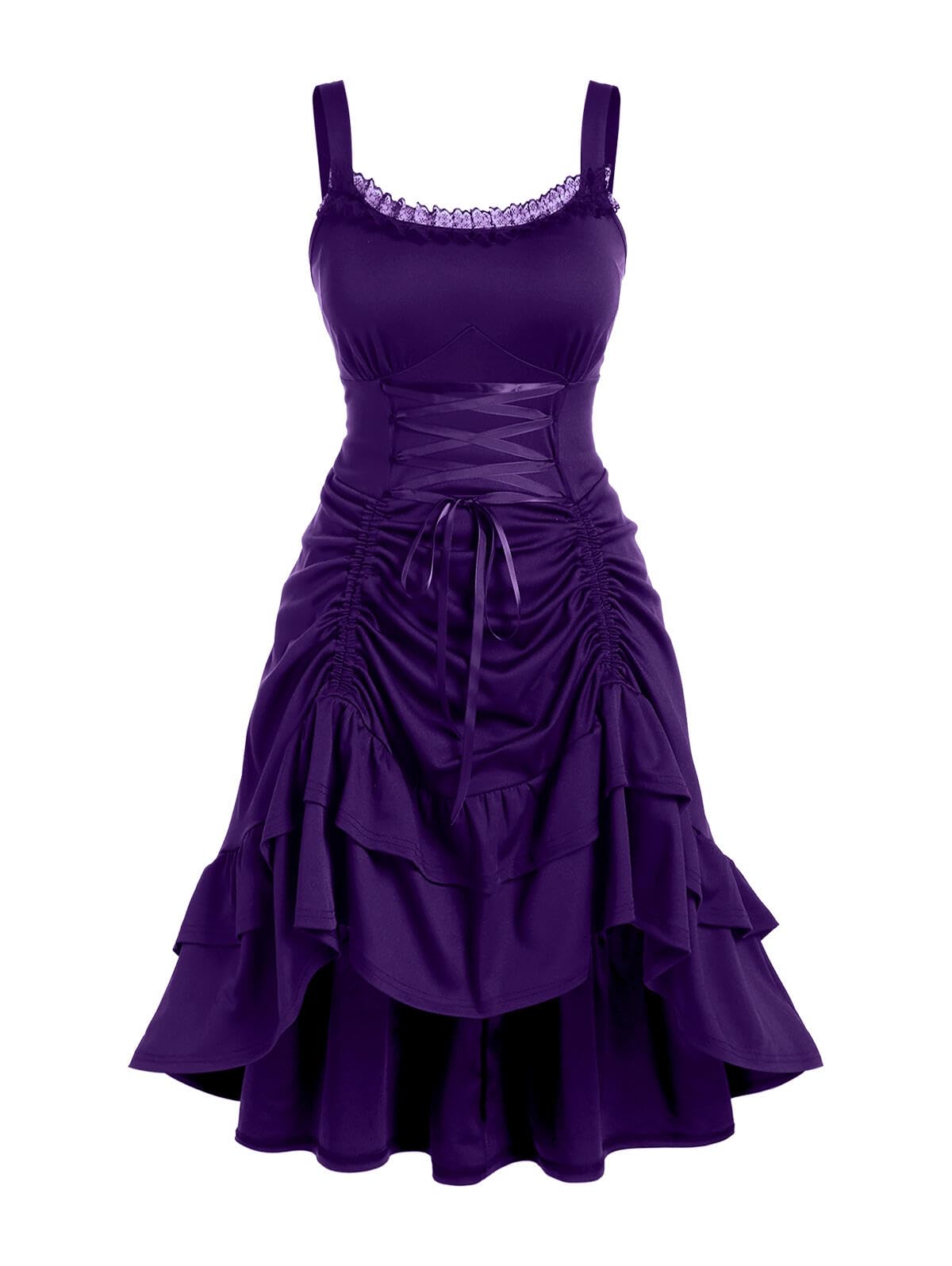 Photo 1 of **MISSING THE STRING** Rosegal Women Plus Size Victoria Gothic Lace Trim Lace-up Ruffled Cinched Ruched High Low Midi Dress Sleeveless Steampunk Cocktail Dress(Purple 4x),