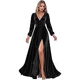 DMOMOG Long Sleeve Velvet Bridesmaid Dresses for Women Pleated V Neck Ruffles A Line Formal Dress with Slit