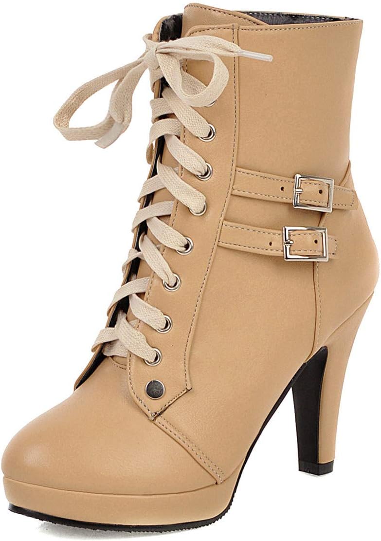 100FIXEO Women Sexy Platform High Heels Lace-Up Buckle Strap Ankle Boots