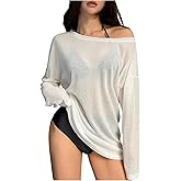 RoseSeek Women's Off Shoulder Swimsuit Coverup See Through Long Sleeve Bathing Suit Cover Up Beachwear