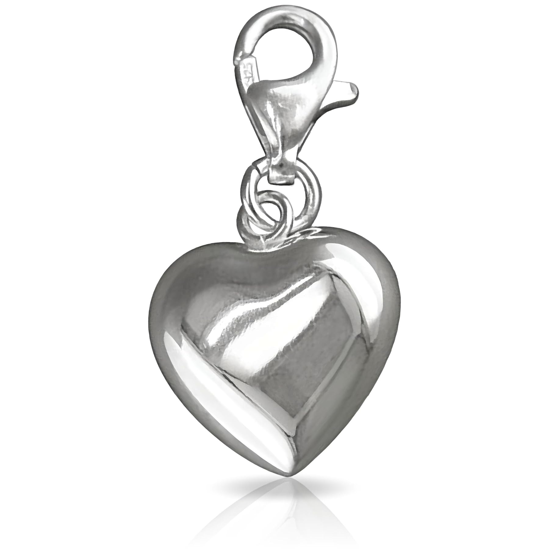 Plain Puffed Heart Sterling Silver Clip On Charm Pendant with Lobster Clasp for Women - Compatible with Thomas Sabo Charms Bracelet - Women's Clasp Charms