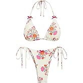 seamoly Picot Trim Bow Decor Halter Tie Triangle String Tie Side Bikini Set