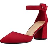 mysoft Women's Pointed Toe Low Chunky Heels Closed Toe Ankle Strap Dress Pump Shoes - Available in Wide Sizes