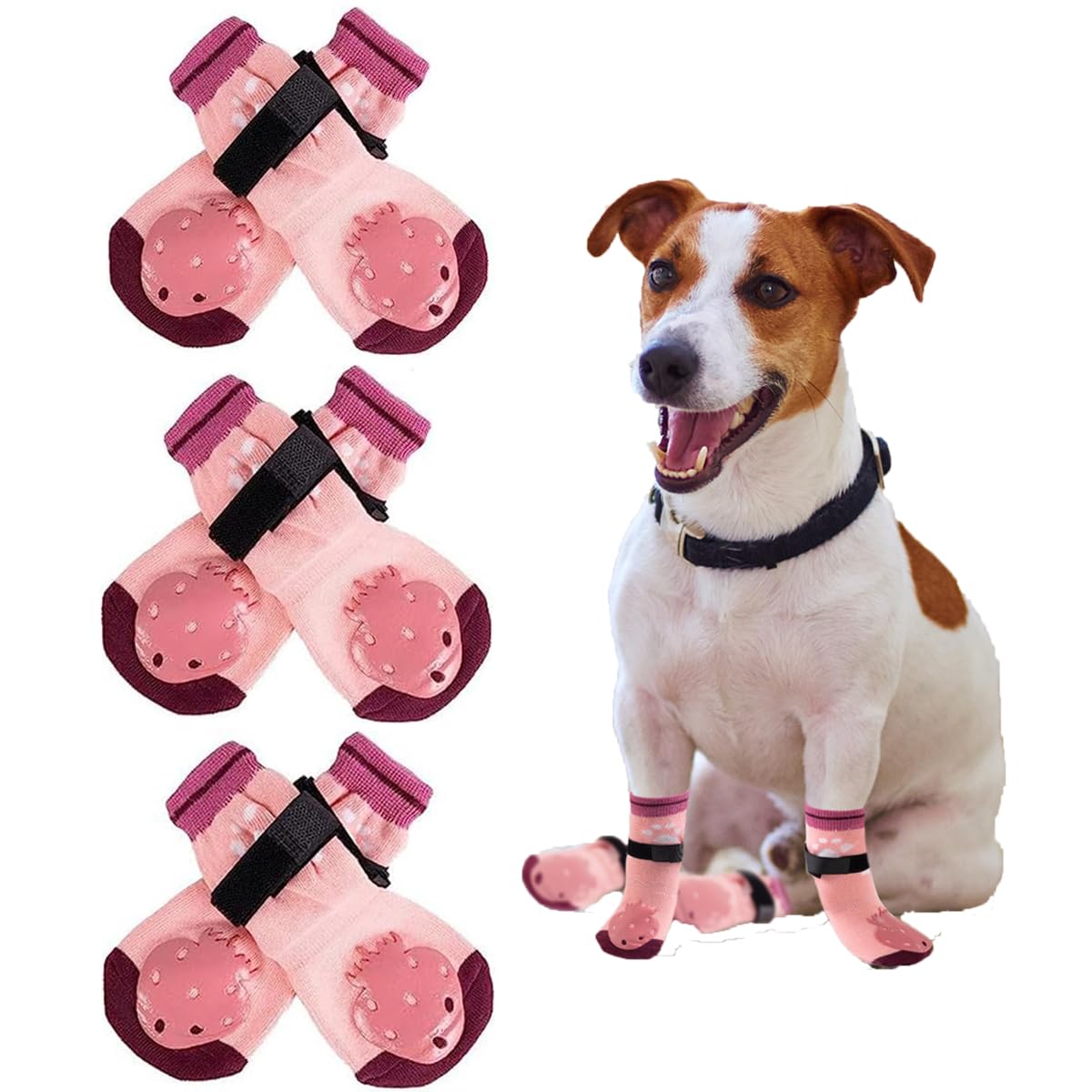 EASY JOY 3 Pairs Anti-Slip Dog Socks With Adjustable Straps - Paw Protector for Injured Paws, Grips Stop Licking - Pink Strawberry Pattern, Size L