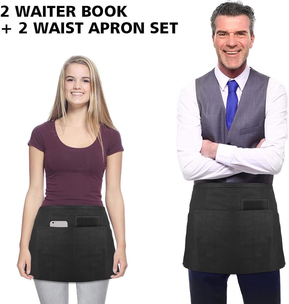 Syntus 2 Apron & 2 Waiter Book Sets – Server Book for Waitress Waiter Organizer with Guest Check Book Holder Money Pocket, 100% Cotton Waitress Waist Apron Set Perfect for Restaurant Waitstaff: Clothing