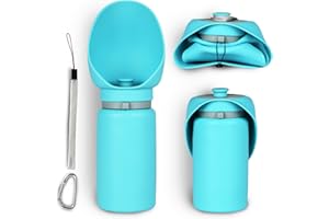FILLFULFUN Dog Water Bottle 550ml with Extra-Wide Drinking Cup Foldable Bowl Food Grade Silicone Leak-Proof Extremely Compact for Pet Outdoor Sports Walking Hiking Camping Travel Cyan