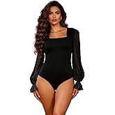 ohyeahlady Women's Square Neck Bodysuit Going Out Tops Mesh Ruched Body Suits Long Sleeve Party Top S-2XL