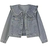 Xaspee Womens Peter Pan Collar Cropped Jean Jacket Embroidered Jacquard Long Sleeve Casual Floral Denim Jackets Coat