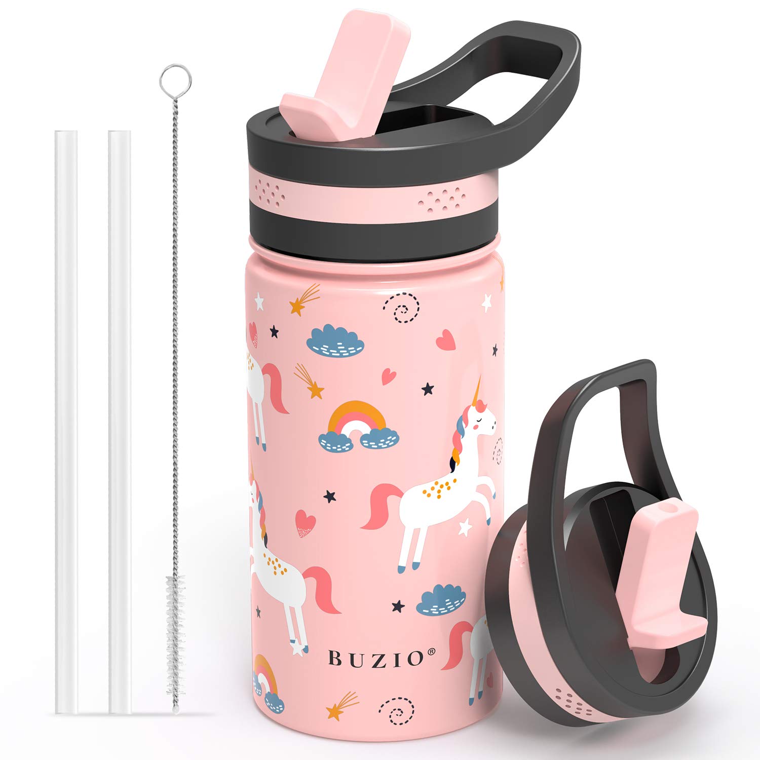 BUZIO Insulated Water Bottle for Kids, Toddler Water Bottle Modern Vacuum Insulated with 2 Straw Lids, 400ml Double Walled Wide Mouth Sports Drink Flask with Pink Unicorn Patterns