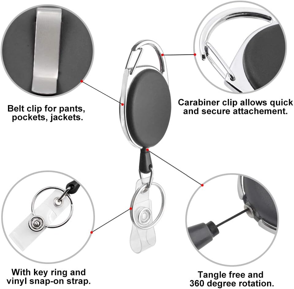GOGO 4 Packs Retractable Keychain Badge Holder with Carabiner Reel Belt Clip and Key Ring, Black - Image 4