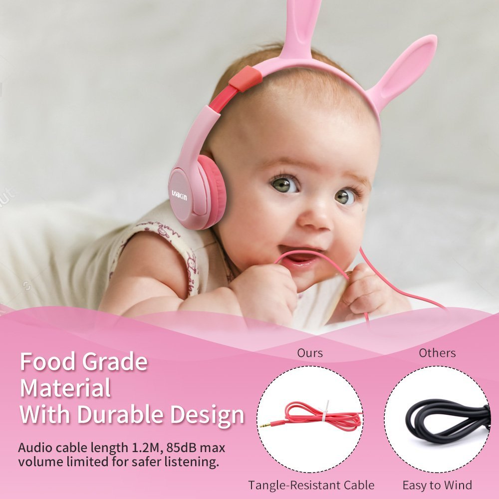 Kids Headphones, Lobkin Bunny Ear Wired On-Ear Earphones,Bluetooth Headsets Kids Friendly Safe Food Grade Material,Children Volume Limited Headphones -Pink