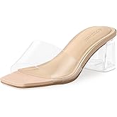 PIZZ ANNU Women's Square Open Toe Heels Sandals Low Block Chunky Heeled Sandal Slip on Mules Comfortable Casual Dress Pumps Shoes