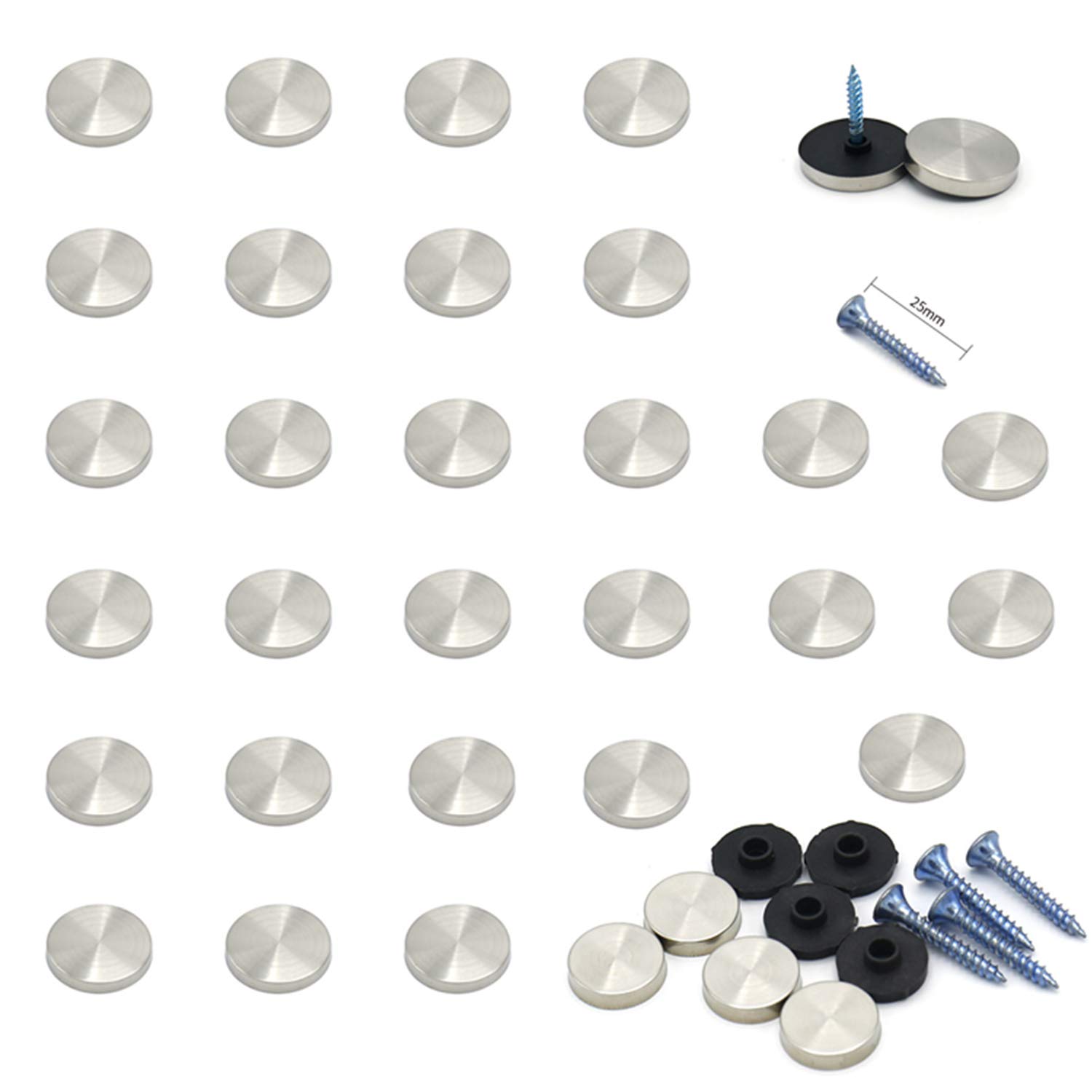 YouU Mirror Screws 12mm/14mm/16mm/18mm Stainless Steel Screw Cover/Cap Fasteners Decorative Mirror Sign/Advertising Hardware Nails Construction Silver 28 Pcs (18mm)