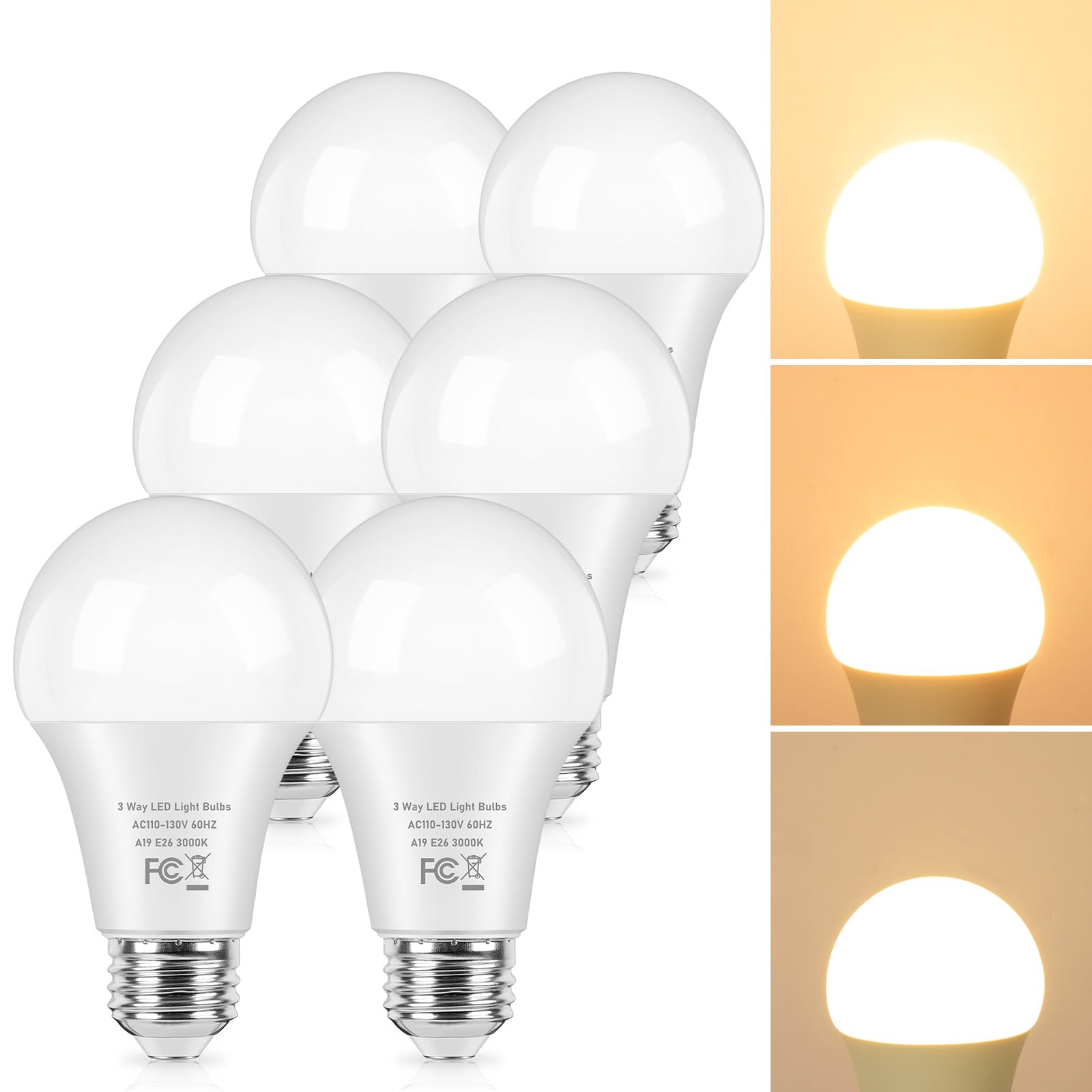Photo 1 of TOBUSA 3 Way LED Light Bulbs 30 70 100 Watt Equivalent, 6-Pack Three Way A19 Light Bulbs 3000K Warm White, Standard LED Bulbs E26 Medium Base, Energy-Saving Indoor 3-Way Light Bulbs for Reading Lamp