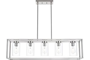 VINLUZ Contemporary Chandeliers Brushed Nickel 5 Light Modern Dining Room Lighting Fixtures Hanging, Kitchen Island Linear Pendant Lights Farmhouse Flush Mount Ceiling Light with Glass Shade