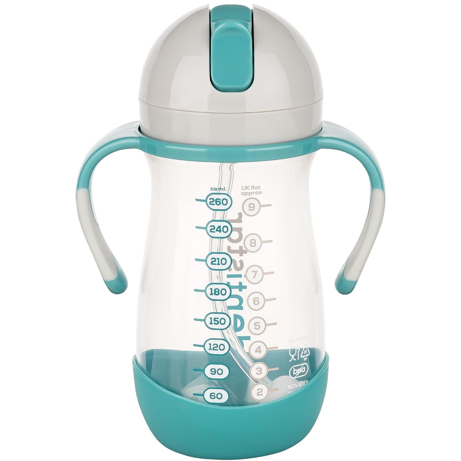 Dentistar Straw Cup 260 ml - Baby Bottle with Dynamic Straw from 6 Months - Leak-Proof Baby Drinking Bottle with Non-Slip Handles Including Cleaning Brush - BPA - Mint