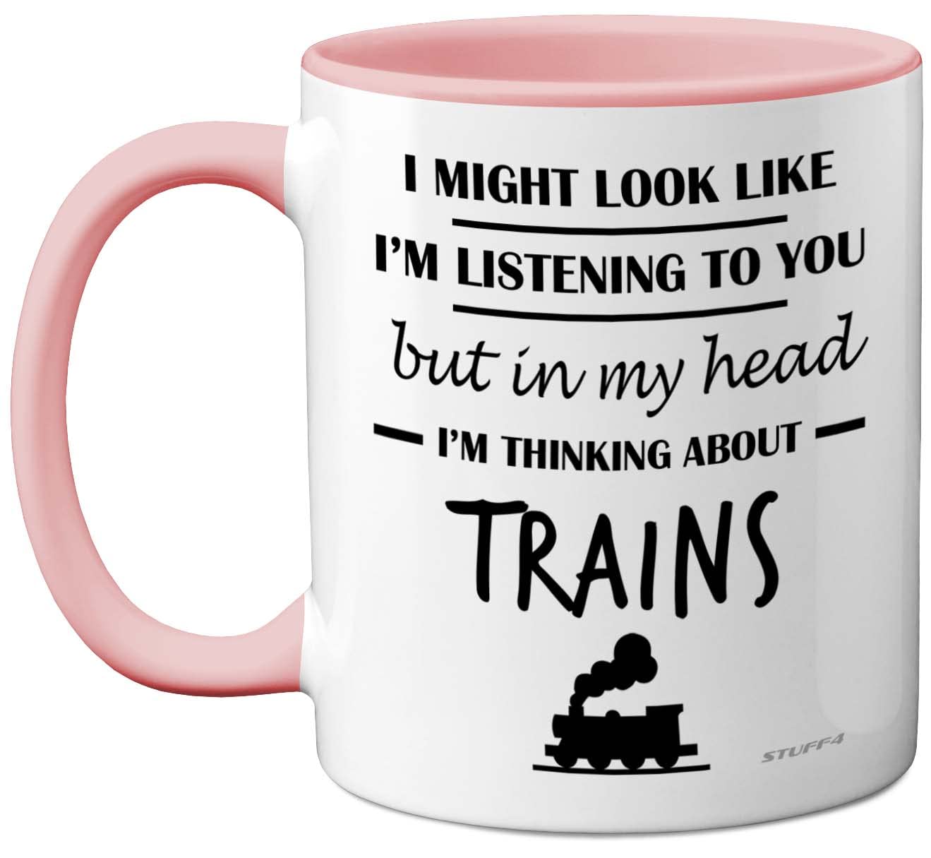 Stuff4 Steam Train Gifts for Men - in My Head I'm Thinking About Trains Mug - Funny Gifts for Spotting Enthusiasts, Spotter 11oz Ceramic Pink Handle Premium Mugs Novelty Cup