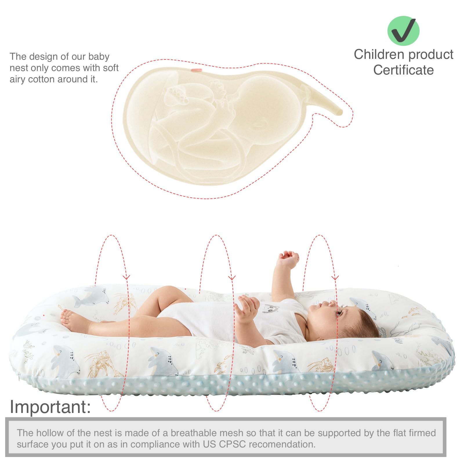 Baby Lounger Pillow, 2-in-1 Infant Lounger Pillow for Newborn 0-24 Months for Tummy Time, 2 Sides Soft & Breathable 100% Cotton Cover, Portable Baby Nest, Newborn Essentials & Gifts for Babies (Blue)