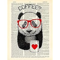 Panda with Coffee Mug Print, Book Page Art Poster, Kitchen Dinning Room Artwork