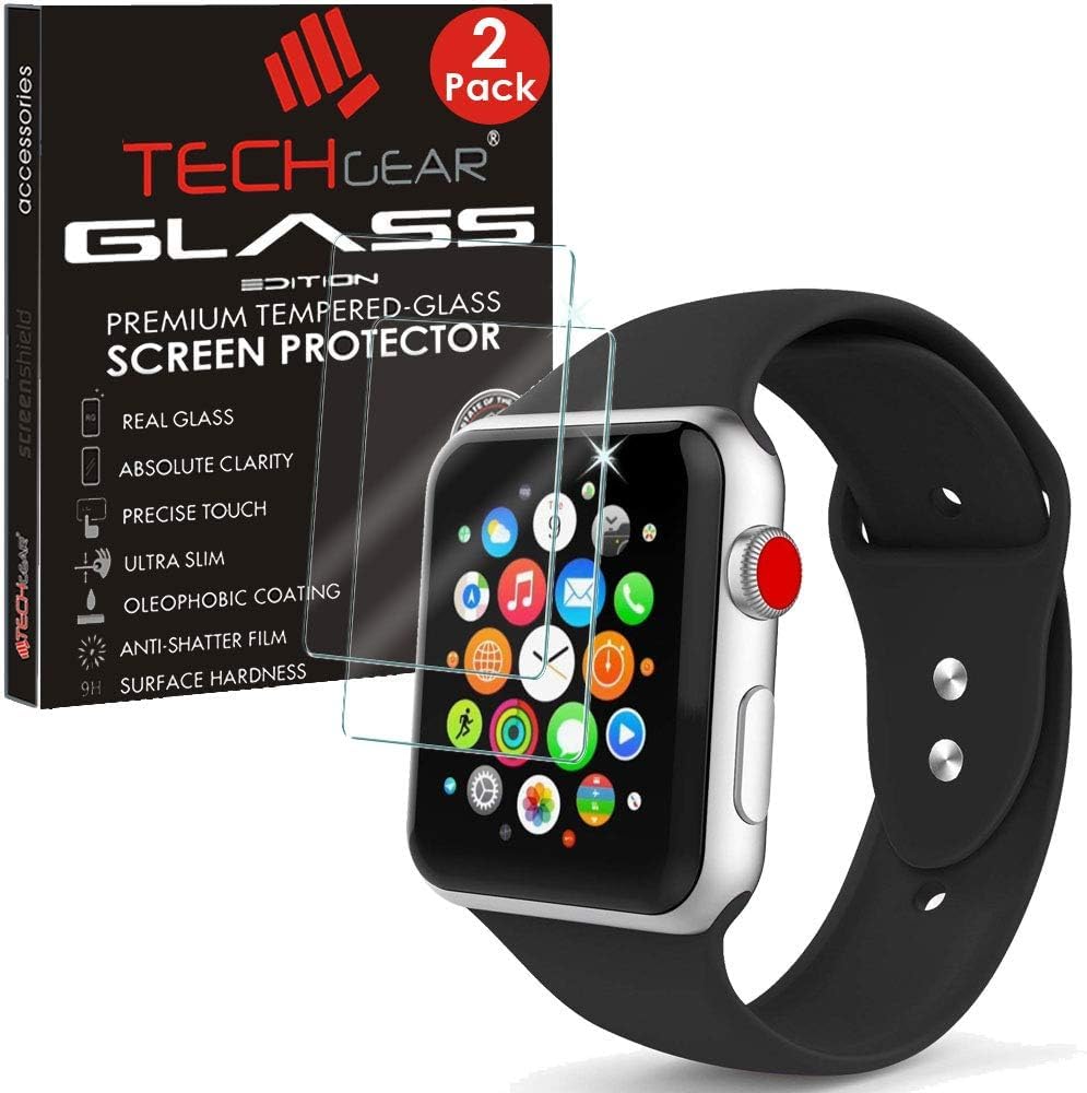[2 Pack of] TECHGEAR® GLASS Edition for Apple Watch 38mm - Genuine Tempered Glass Screen Protector Guard Covers Compatible 38mm Apple Watch, Watch Sport, Watch Edition [Series 3, Series 2 & Series 1]