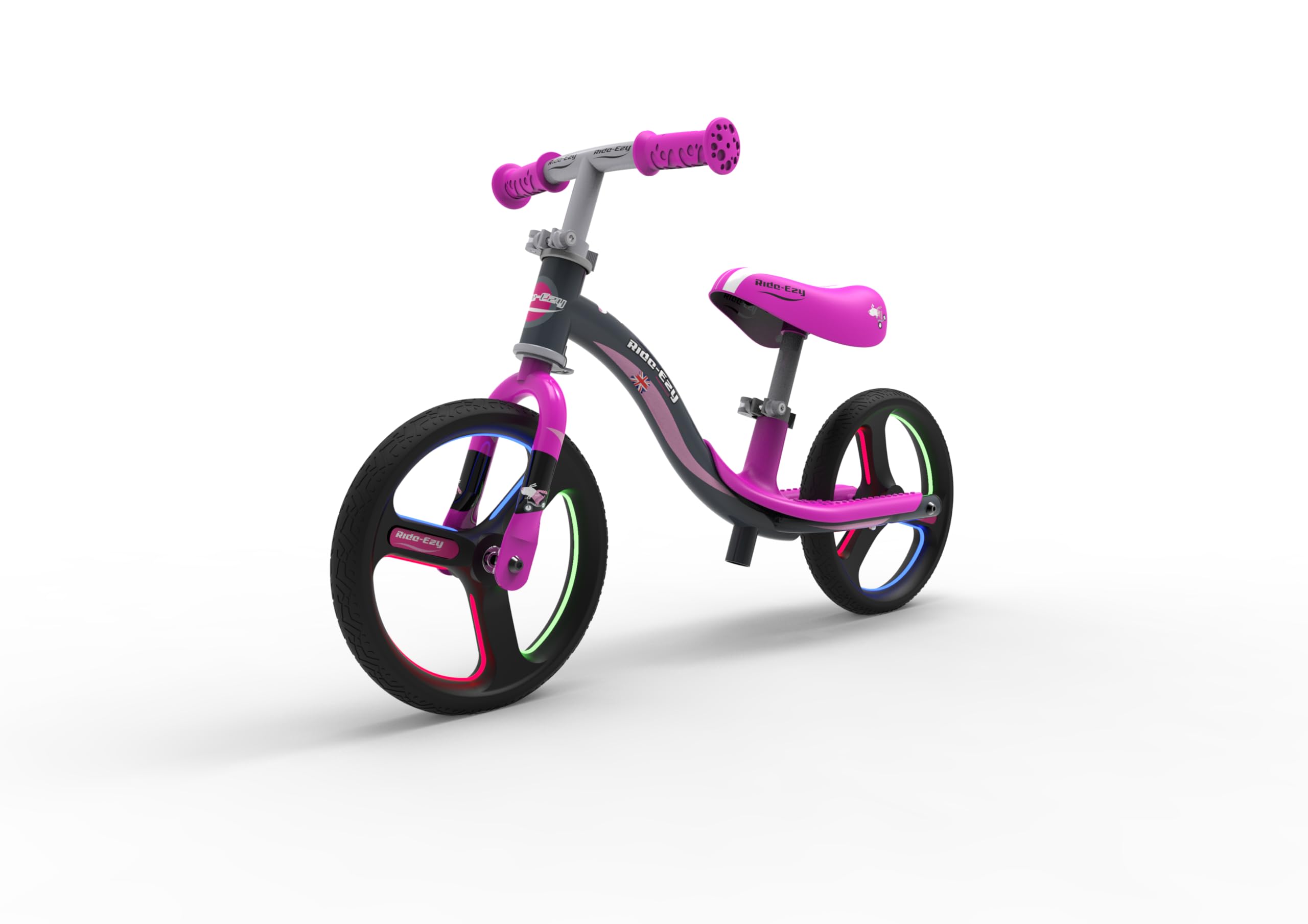 Ride-ezy Go Balance Bike - Glo Pink/Silver | 2.75kg Lightweight 10" Wheel Trainer for Kids | Learn Balance & Steering | Integral Footrest | Adjustable Handlebar | Puncture-Proof LED Wheels