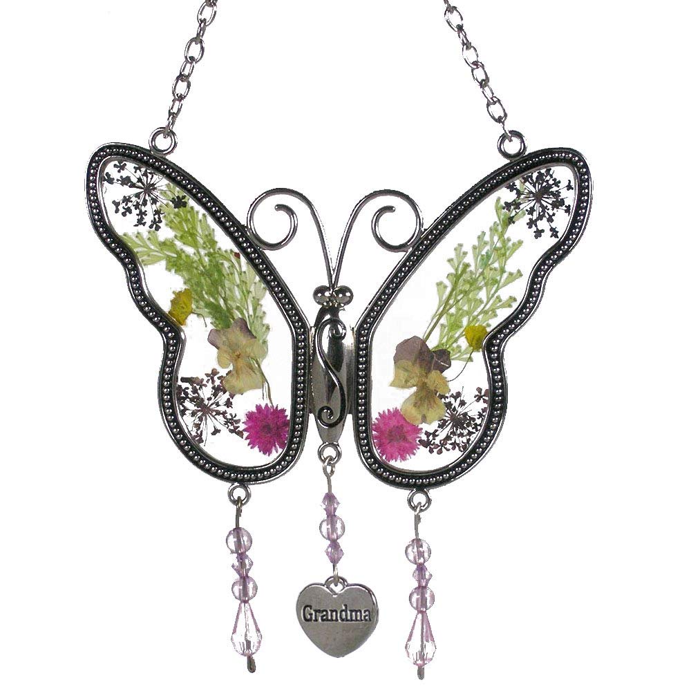 KAKA Store Grandma Butterfly Suncatcher Wind Chimes with Pressed Flower Wings Grandma Mother Day's Butterfly Home Garden Decoration Decor