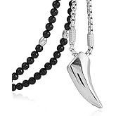 BLEUM CADE Mens Stainless Steel Wolf Tooth Pendant Necklace with Black Natural Agate Stone Chain 26"