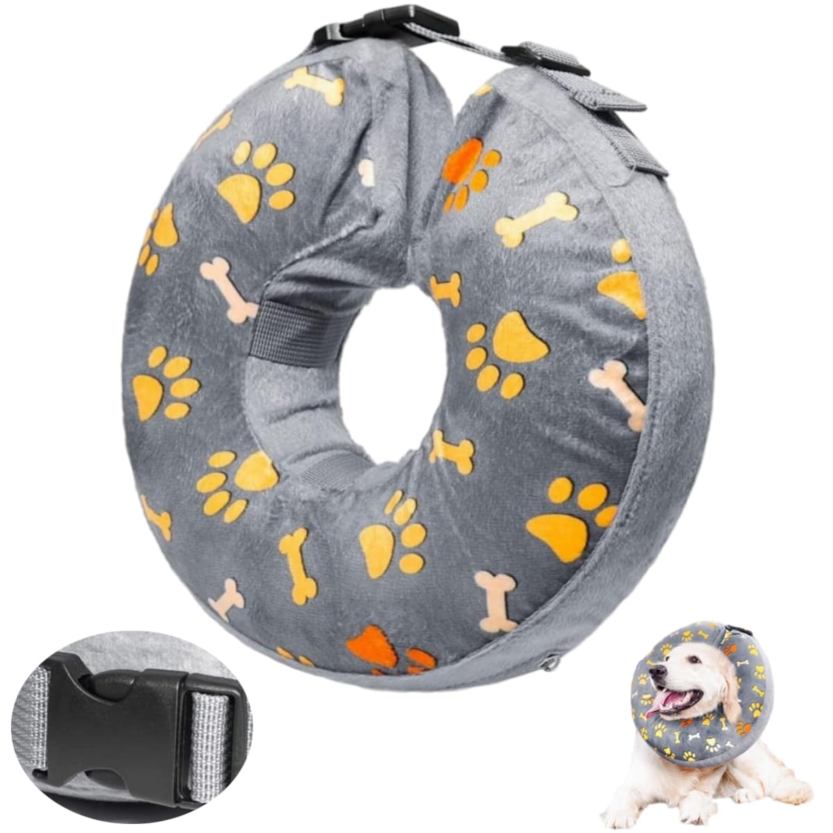 Little Bean Inflatable Dog Elizabethan Collar Soft Dog Cone Collar Soft Protective Recovery Pillow for Big Dogs Prevent Pet from Licking Biting Wound Healing (Gray Claw, [neck: 16"-18.5"] XL)