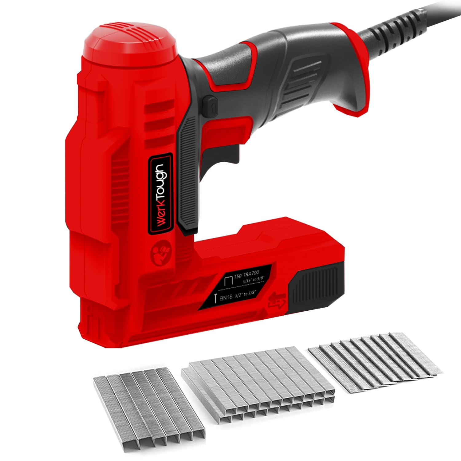 Werktough AC Electric Brad Nailer 2 in 1 Upholstery Staple Gun Good for Home Decoration,Leather and Carpentry 3000pcs Free Nails and Staples (T53:8mm,10mm,14mm Each 1000pcs, T47:14mmx500pcs)-RED