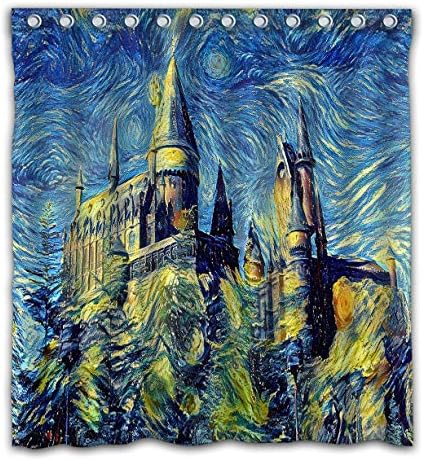 Jeffredy Starry Night Castle Hogwarts School of Witchcraft Wizardry Fabric Printed Shower Curtain Abstract Artwork Kids Decor Fabric Bathroom Set Polyester Waterproof 66x72 Inch
