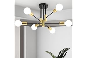 Phaosio Modern Sputnik Chandelier Ceiling Light Fixtures, 6-Lights Mid Century Industrial Metal Semi Flush Mount Lamp for Bedroom Dining Room Living Room Kitchen Hallway Office-Black and Gold