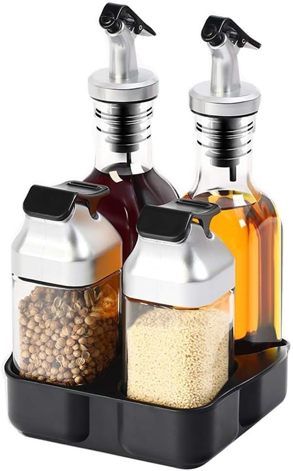 ZLDGYG 4 Piece Glass Spice Jar Bottles Set with Dispenser Tops and Organization Caddy