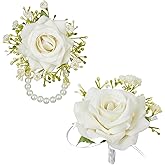 Mimalexin 2PCS White Rose Hand Flowers, Corsage Wristlet for Bridesmaid, Artificial Flowers Pearl Wrist Corsage Bracelets for Wedding Women Bridal Shower Party Decor Accessories