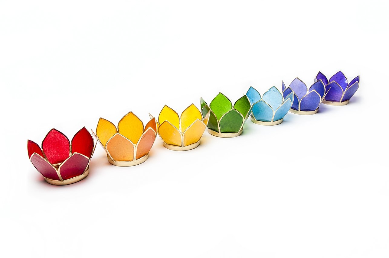 Find Something Different Lotus Design Tealight Holder Set of 7 Chakra Colours Gold, 8 cm