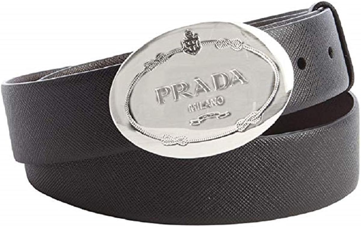 Prada Men's Saffiano Grey Anthracite Leather Engraved Oval Plaque