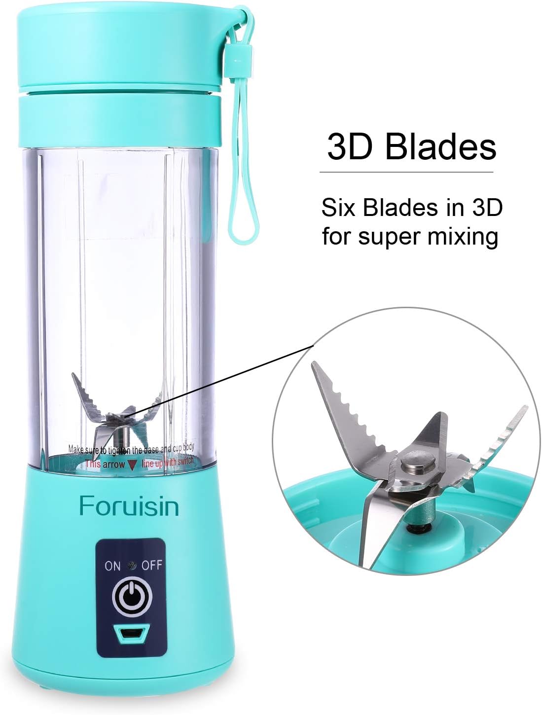 Portable Personal Blender, Household Juicer Fruit Shake Mixer -Six Blades, 380ml Baby Cooking Machine with USB Charger Cable (Cyan): Kitchen & Dining